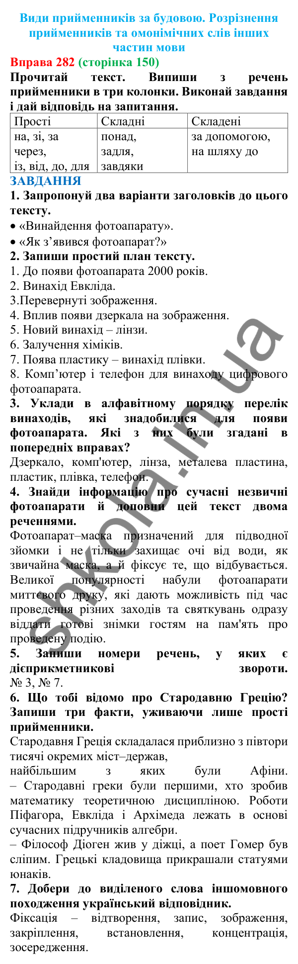 Відповідь до вправи 282 (с. 150) з української мови для 7 класу (Онатій, 2024): Види прийменників за будовою. Розрізнення прийменників та омонімічних слів інших частин мови
