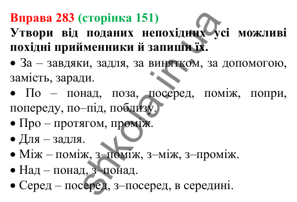 Відповідь до вправи 283 (с. 151) з української мови для 7 класу (Онатій, 2024): Види прийменників за будовою. Розрізнення прийменників та омонімічних слів інших частин мови