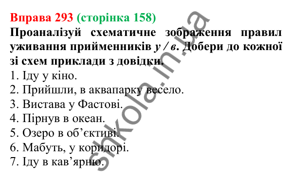 Відповідь до вправи 293 (с. 158) з української мови для 7 класу (Онатій, 2024): Уживання прийменників У, В; прийменника З та його варіантів ІЗ, ЗІ (ЗО)