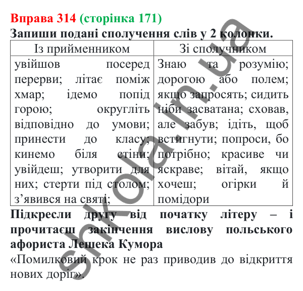 Відповідь до вправи 314 (с. 171) з української мови для 7 класу (Онатій, 2024): Сполучник як службова частина мови