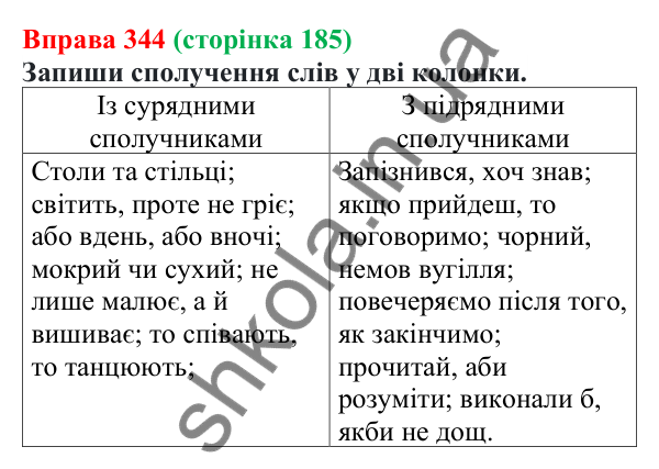 Відповідь до вправи 344 (с. 185) з української мови для 7 класу (Онатій, 2024): Сполучник. Узагальнення