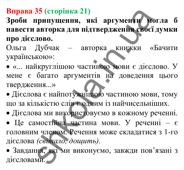 Відповідь до вправи 35 (с. 21) з української мови для 7 класу (Онатій, 2024): Дієслово як частина мови. Інфінітив