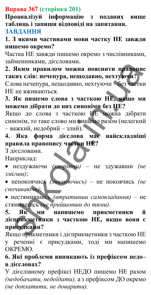 Відповідь до вправи 367 (с. 201) з української мови для 7 класу (Онатій, 2024): Написання НЕ та НІ з різними частинами мови