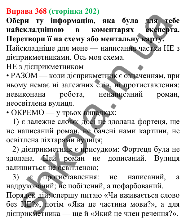 Відповідь до вправи 368 (с. 202) з української мови для 7 класу (Онатій, 2024): Написання НЕ та НІ з різними частинами мови