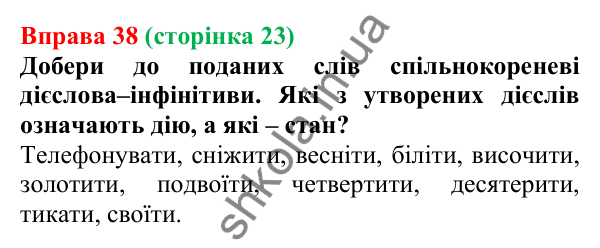 Відповідь до вправи 38 (с. 23) з української мови для 7 класу (Онатій, 2024): Дієслово як частина мови. Інфінітив