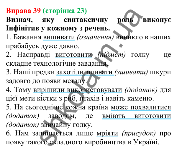 Відповідь до вправи 39 (с. 23) з української мови для 7 класу (Онатій, 2024): Дієслово як частина мови. Інфінітив