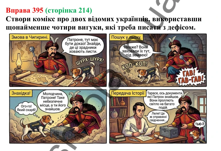 Відповідь до вправи 395 (с. 214) з української мови для 7 класу (Онатій, 2024): Дефіс у вигуках