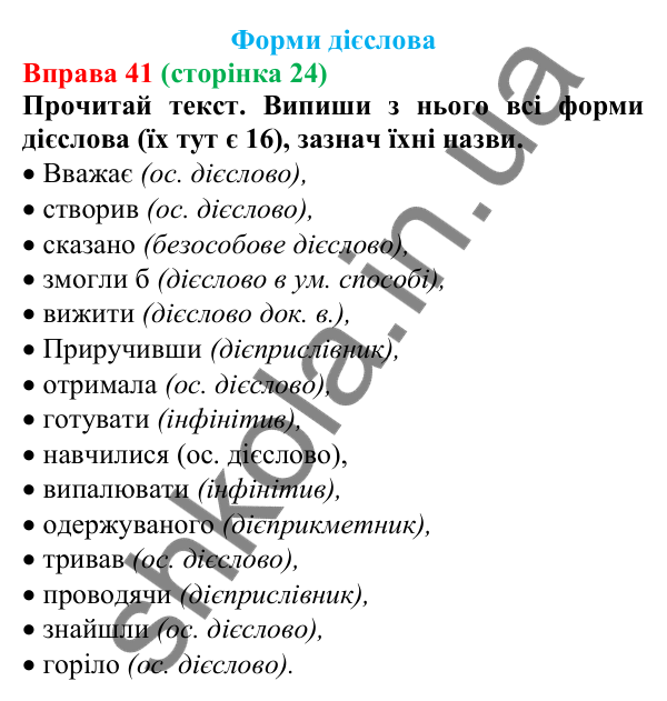Відповідь до вправи 41 (с. 24) з української мови для 7 класу (Онатій, 2024): Форми дієслова