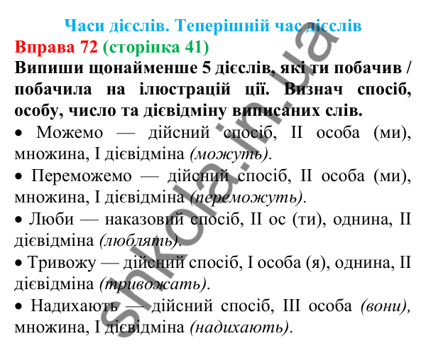 Відповідь до вправи 72 (с. 41) з української мови для 7 класу (Онатій, 2024): Часи дієслів. Теперішній час дієслів