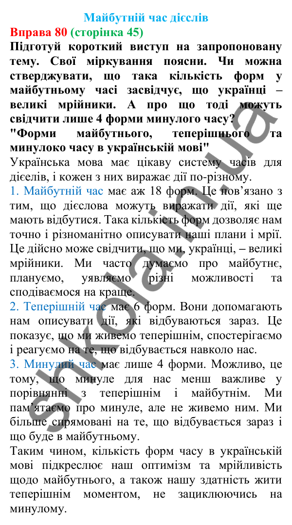 Відповідь до вправи 80 (с. 45) з української мови для 7 класу (Онатій, 2024): Майбутній час дієслів