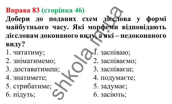 Відповідь до вправи 83 (с. 46) з української мови для 7 класу (Онатій, 2024): Майбутній час дієслів