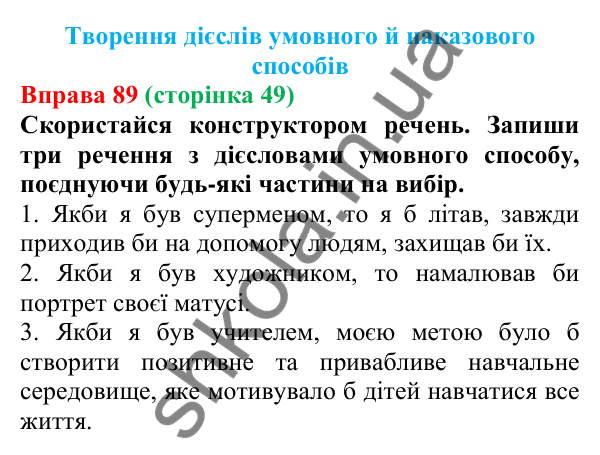 Відповідь до вправи 89 (с. 49) з української мови для 7 класу (Онатій, 2024): Творення дієслів умовного й наказового способів