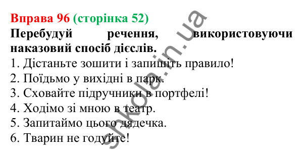 Відповідь до вправи 96 (с. 52) з української мови для 7 класу (Онатій, 2024): Творення дієслів умовного й наказового способів