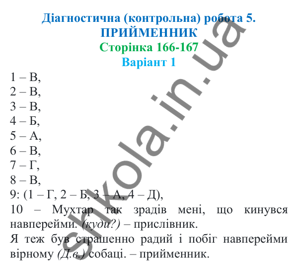 Діагностична робота 5, варіант 1 (с. 166) з української мови для 7 класу (Онатій, 2024): Діагностична (контрольна) робота 5. Прийменник