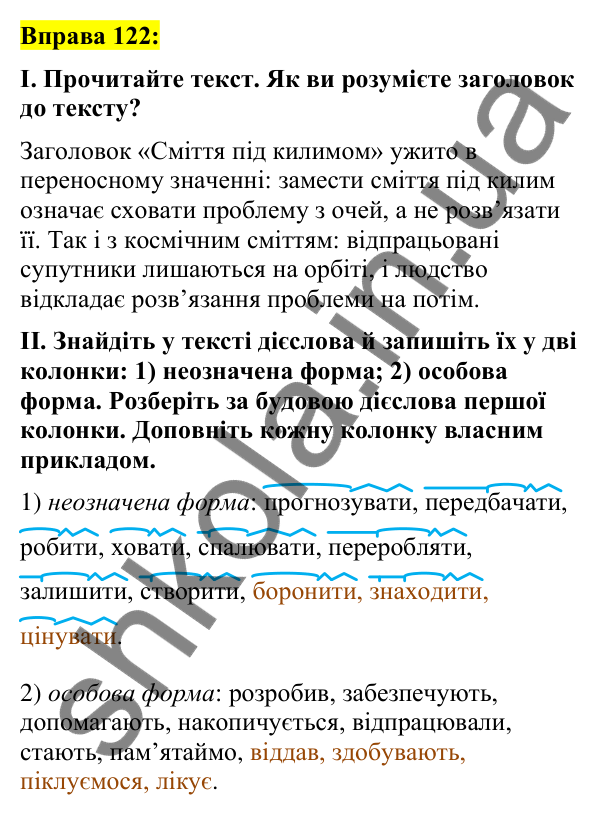 Вправа 122 Відповідь до вправи 122 (с. 53) з української мови для 7 класу (Заболотний, 2024): Неозначена форма дієслова. Особова форма…