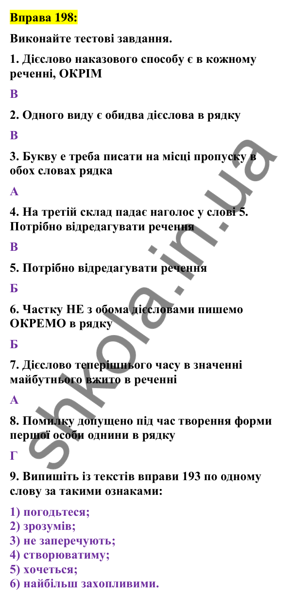 Вправа 198 Відповідь до вправи 198 (с. 85) з української мови для 7 класу (Заболотний, 2024): Узагальнення вивченого з теми «Дієслово»