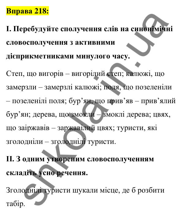 Вправа 218 Відповідь до вправи 218 (с. 96) з української мови для 7 класу (Заболотний, 2024): Творення та відмінювання активних…