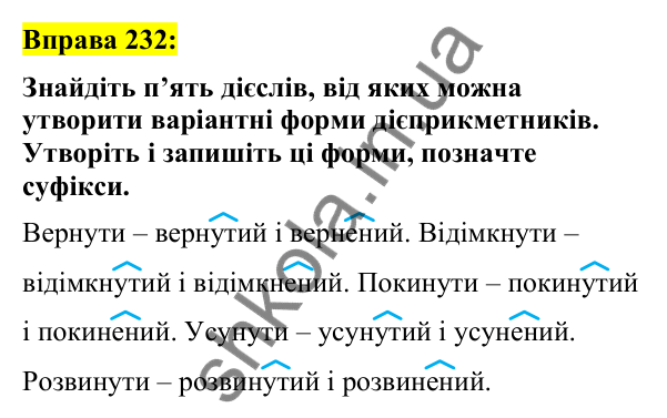Вправа 232 Відповідь до вправи 232 (с. 100) з української мови для 7 класу (Заболотний, 2024): Творення та відмінювання пасивних…