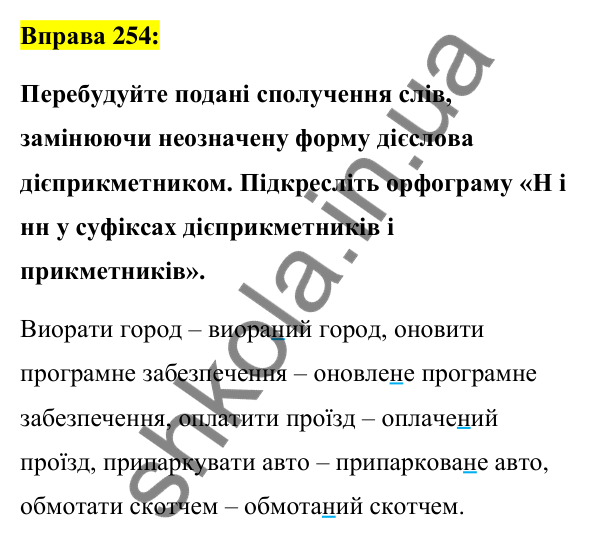 Вправа 254 Відповідь до вправи 254 (с. 108) з української мови для 7 класу (Заболотний, 2024): Н та нн у дієприкметниках і прикметниках…