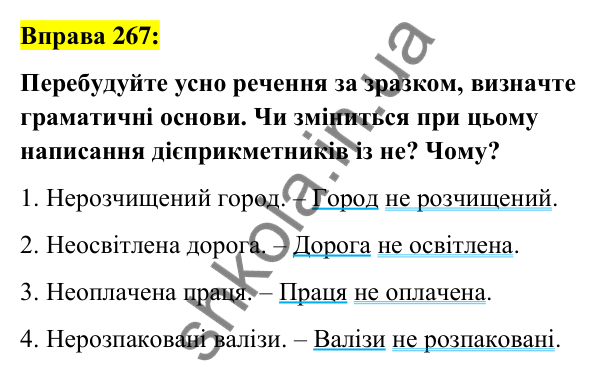 Вправа 267 Відповідь до вправи 267 (с. 113) з української мови для 7 класу (Заболотний, 2024): Написання не з дієприкметниками