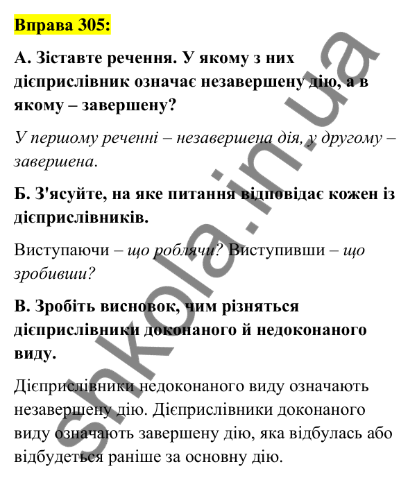 Вправа 305 Відповідь до вправи 305 (с. 130) з української мови для 7 класу (Заболотний, 2024): Дієприслівники недоконаного й доконаного…