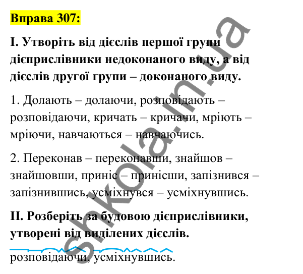 Вправа 307 Відповідь до вправи 307 (с. 132) з української мови для 7 класу (Заболотний, 2024): Дієприслівники недоконаного й доконаного…