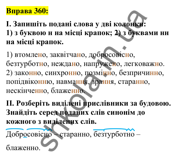 Вправа 360 Відповідь до вправи 360 (с. 156) з української мови для 7 класу (Заболотний, 2024): Букви н та нн у прислівниках