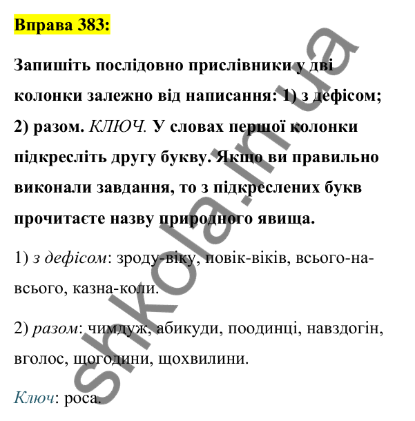 Вправа 383 Відповідь до вправи 383 (с. 165) з української мови для 7 класу (Заболотний, 2024): Написання прислівників разом і з дефісом