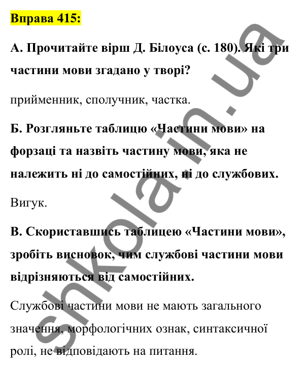 Вправа 415 Відповідь до вправи 415 (с. 181) з української мови для 7 класу (Заболотний, 2024): Прийменник як службова частина мови