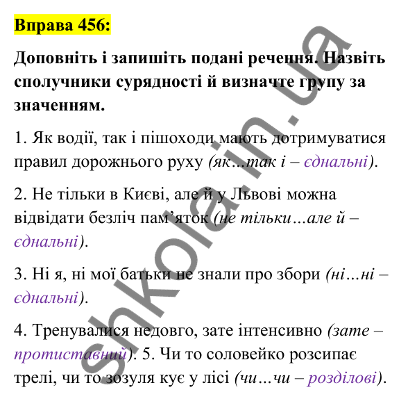 Вправа 456 Відповідь до вправи 456 (с. 199) з української мови для 7 класу (Заболотний, 2024): Сполучники сурядності та підрядності