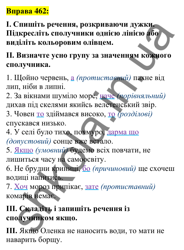 Вправа 462 Відповідь до вправи 462 (с. 201) з української мови для 7 класу (Заболотний, 2024): Сполучники сурядності та підрядності