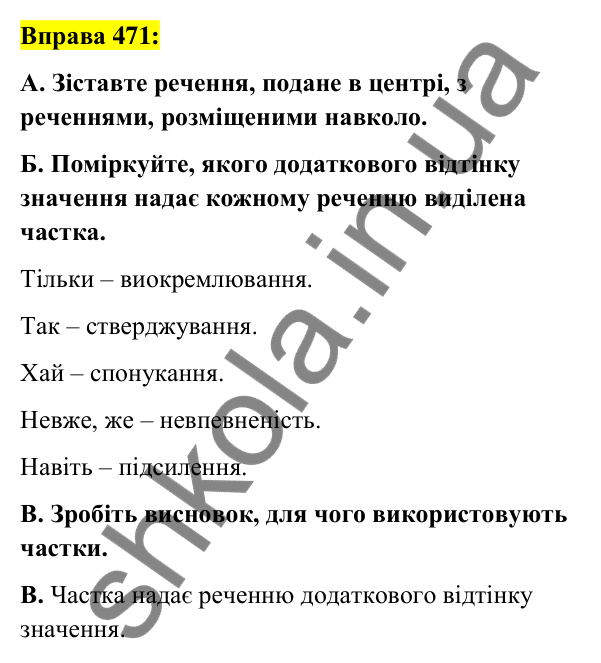 Вправа 471 Відповідь до вправи 471 (с. 204) з української мови для 7 класу (Заболотний, 2024): Частка як службова частина мови
