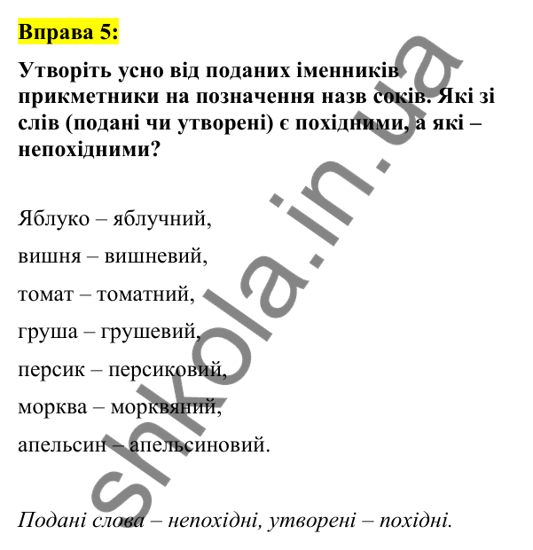 Вправа 5 Відповідь до вправи 5 (с. 7) з української мови для 7 класу (Заболотний, 2024): Словотвір
