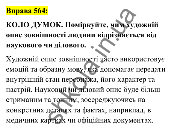 Вправа 564 Відповідь до вправи 564 (с. 248) з української мови для 7 класу (Заболотний, 2024): Опис зовнішності людини. Докладний усний…