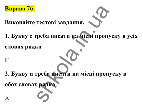 Вправа 76 Відповідь до вправи 76 (с. 33) з української мови для 7 класу (Заболотний, 2024): Букви е, и на позначення ненаголошених…