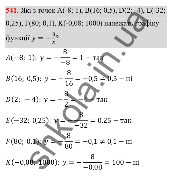 ГДЗ Алгебра 8 клас Бевз 2025 — завдання 541, § 11. Функція y = k/x