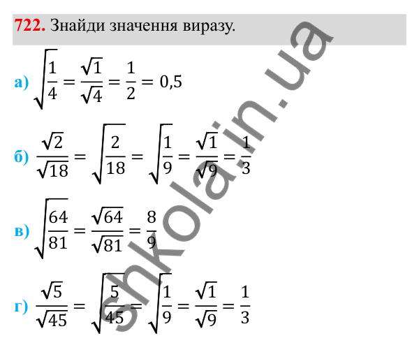 ГДЗ Алгебра 8 клас Бевз 2025 — завдання 722, § 15. Квадратний корінь з добутку, дробу, степеня