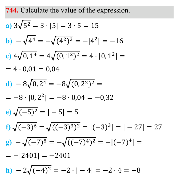 Завдання 744 ГДЗ Алгебра 8 клас Бевз 2025 — завдання 744, § 15. Квадратний корінь з добутку, дробу, степеня