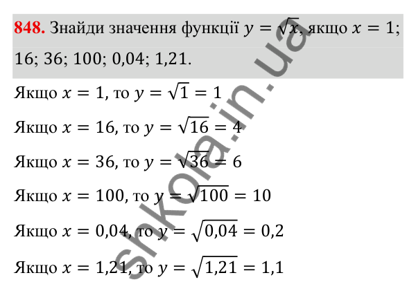 ГДЗ Алгебра 8 клас Бевз 2025 — завдання 848, § 17. Функція y = √x