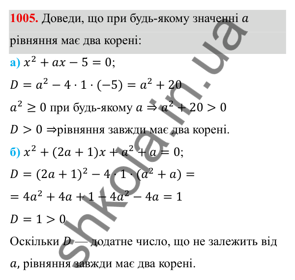 ГДЗ Алгебра 8 клас Бевз 2025 — завдання 1005, § 19. Формула коренів квадратного рівняння