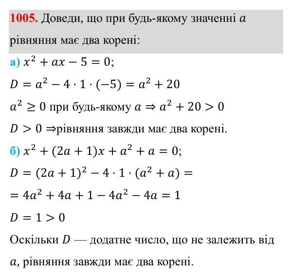 Завдання 1005 ГДЗ Алгебра 8 клас Бевз 2025 — завдання 1005, § 19. Формула коренів квадратного рівняння
