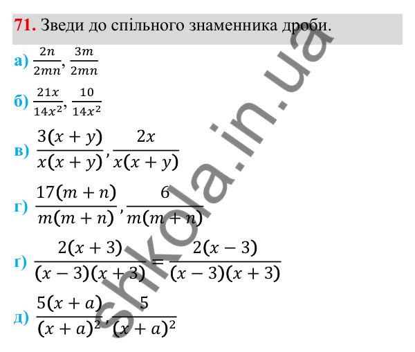 ГДЗ Алгебра 8 клас Бевз 2025 — завдання 71, § 2. Основна властивість дробу