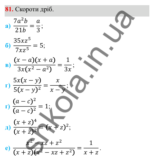 ГДЗ Алгебра 8 клас Бевз 2025 — завдання 81, § 2. Основна властивість дробу