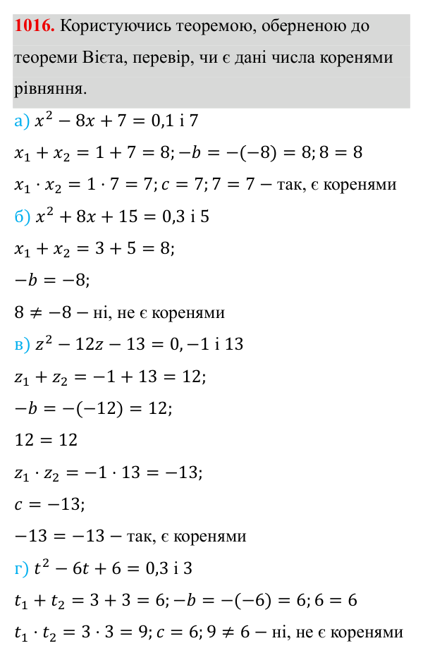Завдання 1016 ГДЗ Алгебра 8 клас Бевз 2025 — завдання 1016, § 20. Теорема Вієта