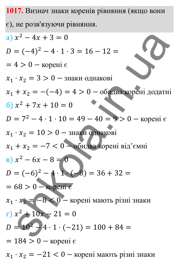 ГДЗ Алгебра 8 клас Бевз 2025 — завдання 1017, § 20. Теорема Вієта