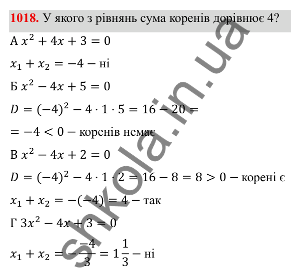 ГДЗ Алгебра 8 клас Бевз 2025 — завдання 1018, § 20. Теорема Вієта