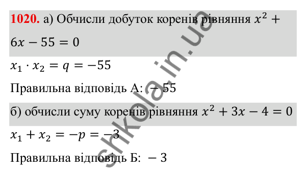 ГДЗ Алгебра 8 клас Бевз 2025 — завдання 1020, § 20. Теорема Вієта