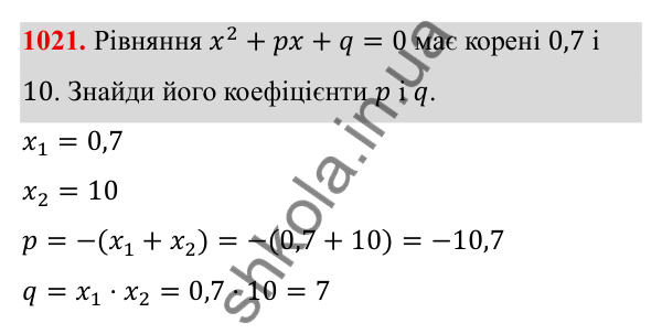 ГДЗ Алгебра 8 клас Бевз 2025 — завдання 1021, § 20. Теорема Вієта