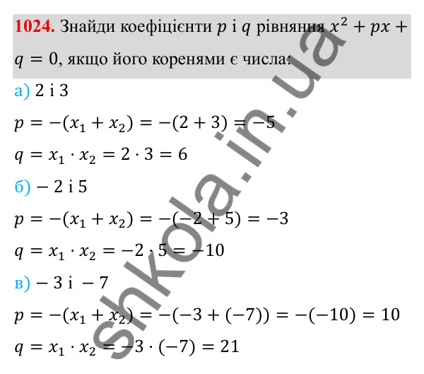 ГДЗ Алгебра 8 клас Бевз 2025 — завдання 1024, § 20. Теорема Вієта