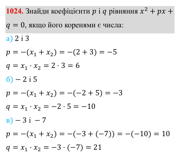 Завдання 1024 ГДЗ Алгебра 8 клас Бевз 2025 — завдання 1024, § 20. Теорема Вієта